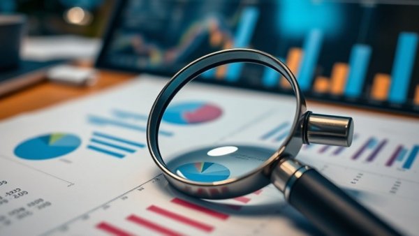 Financial analysis documents with magnifying glass.