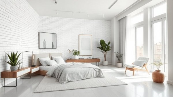 Minimalist bedroom with painted white brick wall decor