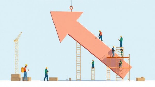 Illustrative scene with construction workers and crane building an arrow, symbolizing homeowners funding renovations.