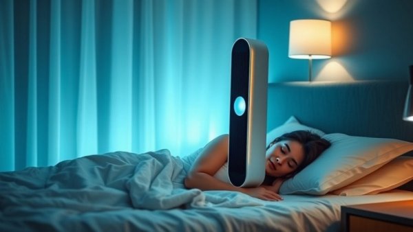 Modern sleek tower fan in softly lit bedroom for Dreo fan discounts.