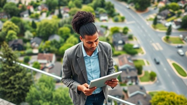 Professionals discussing a real estate deal over suburban aerial view