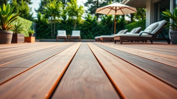 Realistic composite decking samples by a luxury poolside.