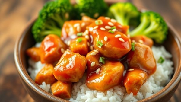Slow cooker honey sriracha chicken with rice and broccoli, close-up