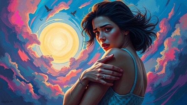 Expressive painting of woman conveying anxiety in a colorful scene.