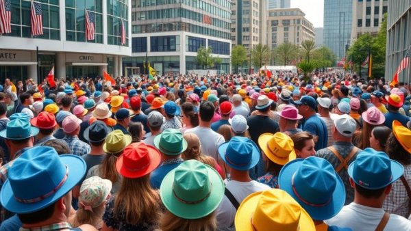 Crowd at Denver Derby Party, colorful hats, outdoor event fun.