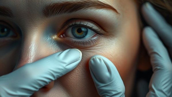 Close-up of tear trough examination highlighting anatomy.