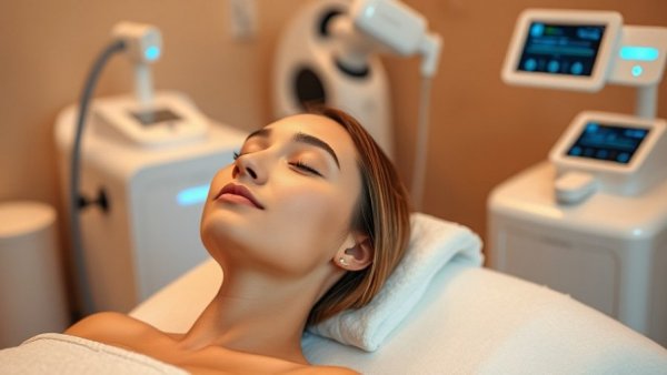 Woman receiving HydraFacial skin health treatment in modern spa.