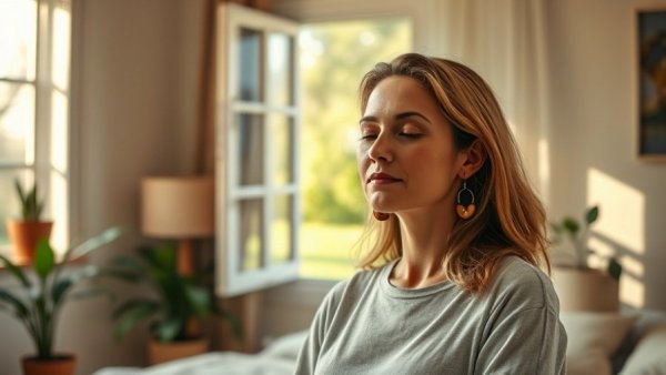 Peaceful woman enjoying the benefits of living slowly in sunlight.