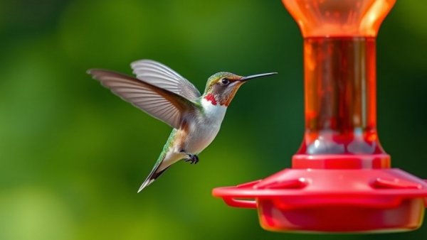 Attracting beautiful birds: hummingbird at a vibrant red feeder.