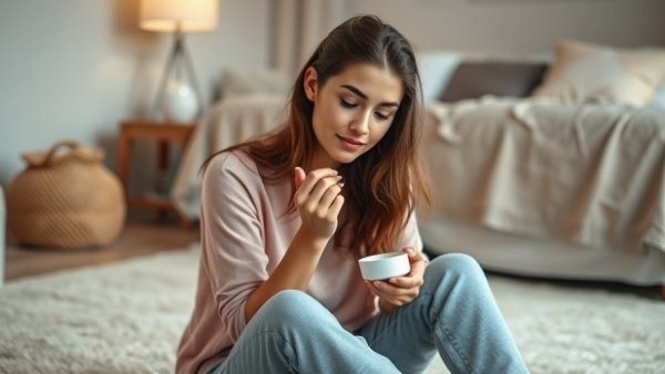 Esthetician-recommended skincare routine with a young woman applying cream in a cozy bedroom.