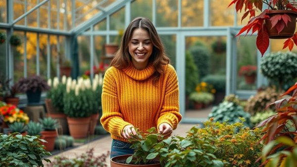 Woman in mustard sweater gardening by greenhouse; Spring Home Trends 2026.