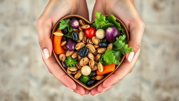 Heart-shaped bowl with plant-based foods showcasing slower epigenetic aging.
