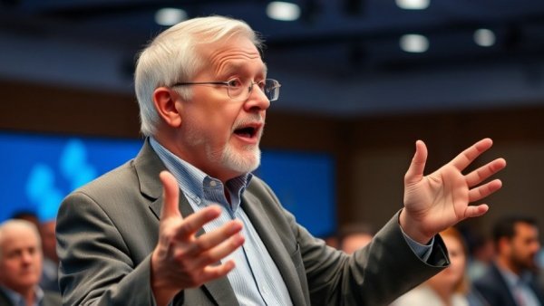 Central banker discussing inflation at a conference.
