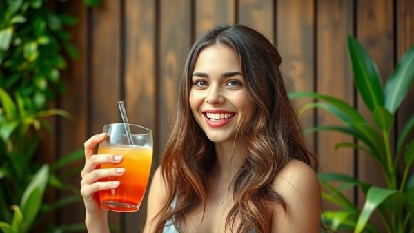 Cheerful woman with drink among greenery, embodying spring habits for summer.