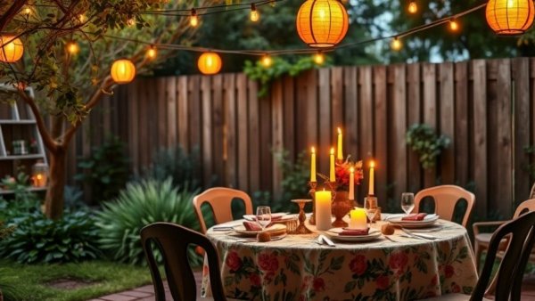 Romantic patio decor with vibrant table setting and fairy lights.