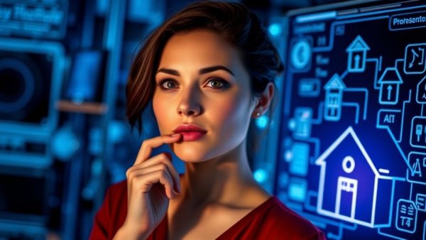 AI adoption in real estate: woman with digital house icons.