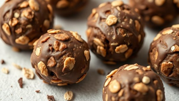 Chocolate peanut butter power bites close-up on white background.