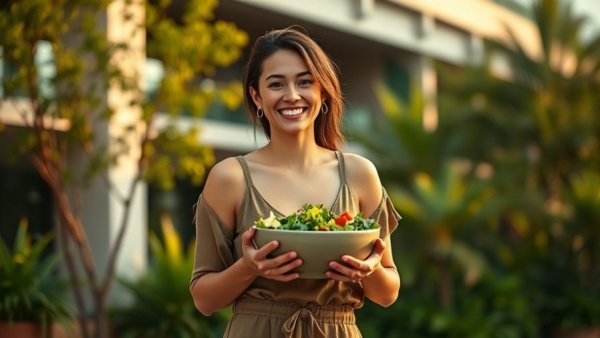 Woman with salad bowl ready to beat the afternoon slump outdoors.