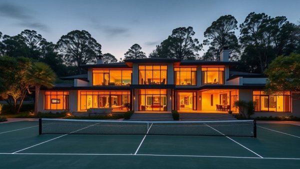 Elegant modern mansion at dusk with tennis court in Mt Eliza.