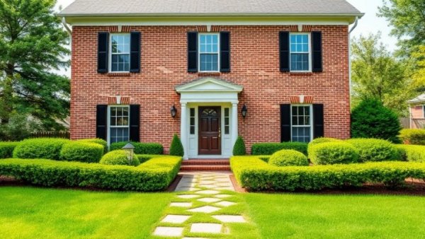 Elegant brick house showcasing 2026 curb appeal trends with lush landscape.
