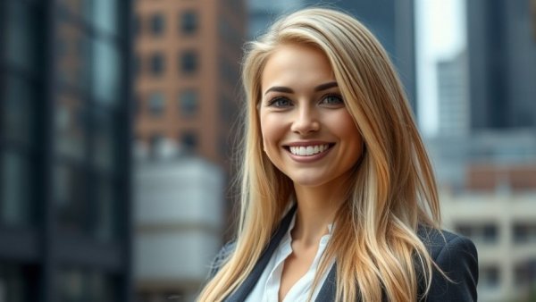 Professional woman smiling with blurred background.