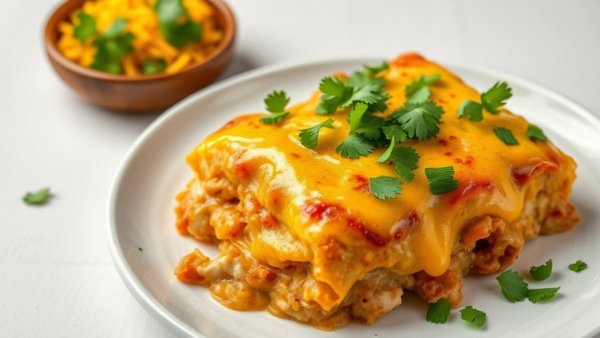 Delicious chicken enchilada casserole topped with cheese and cilantro.