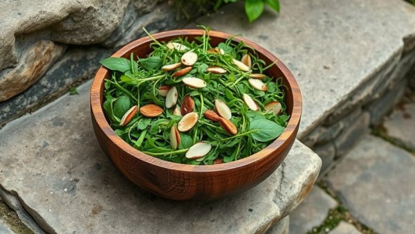 Whole stalk salad in rustic bowl on stone steps, photorealistic.