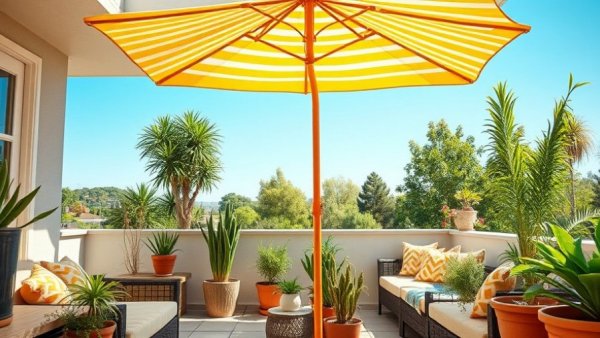 IKEA outdoor collection 2026 patio with yellow umbrella and plants.