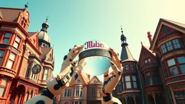 Futuristic hands with crystal ball in front of Victorian houses showcasing San Francisco housing market trends.