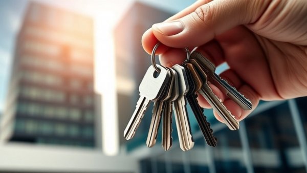 Hand holding keys in front of office buildings, leasing commercial property concept.
