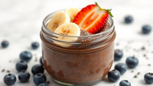 Chocolate chia pudding with banana and strawberry in a jar.