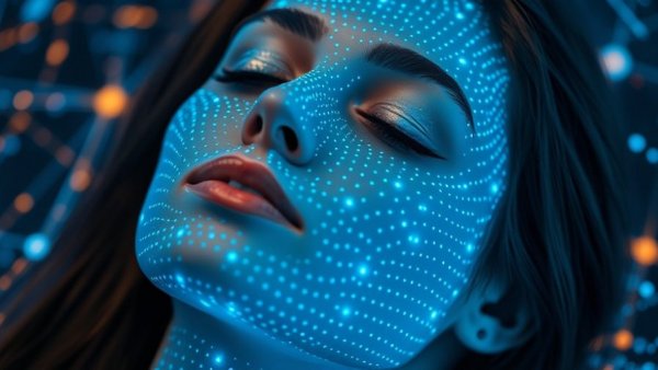Emfusion skincare treatment with futuristic glowing skin pattern.