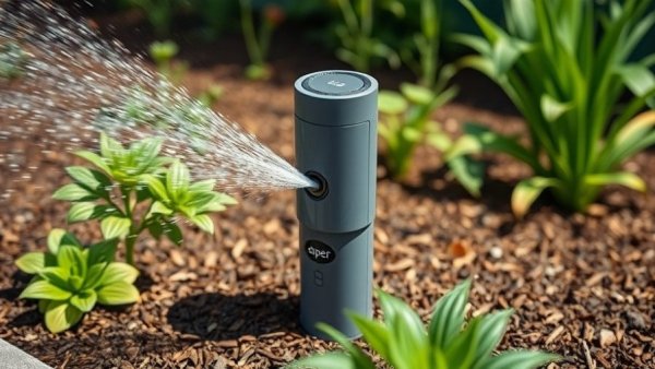Aiper IrriSense 2 watering system spraying in a garden setting.