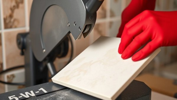 Wet saw in use with red-gloved hands cutting tile.