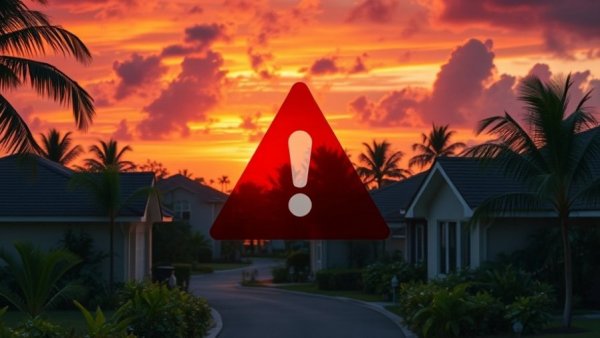 HUD budget cuts impact on housing programs signified by red alert icon over suburban homes.