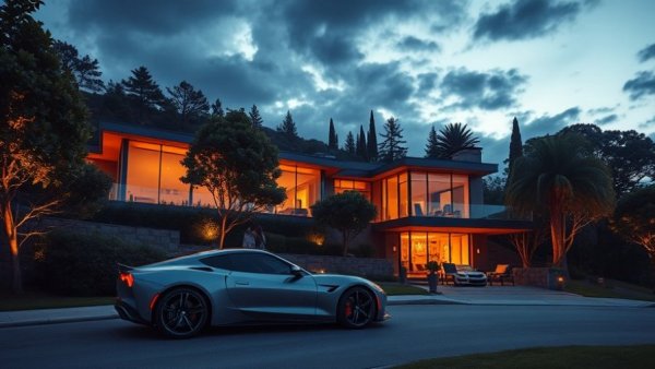 2315 Live Oak Meadows Road Malibu modern house at dusk with car