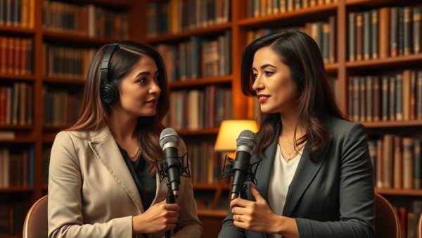 Professional women in podcast setup discussing global skincare brand.
