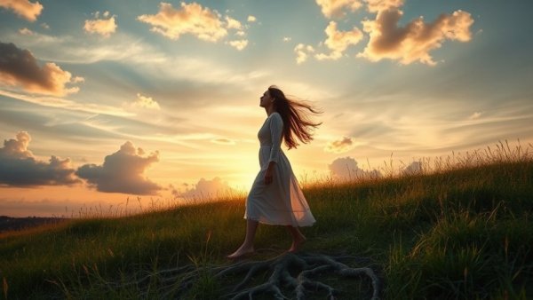 How to Heal on a Deeper Level: Woman walking along grassy field at sunrise.