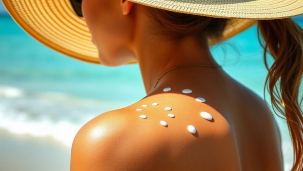 Woman with sunscreen sun shape on shoulder by ocean; cancer risk concern.