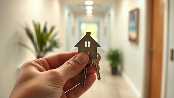 Hand holding house keys in bright hallway, symbolizing first home.