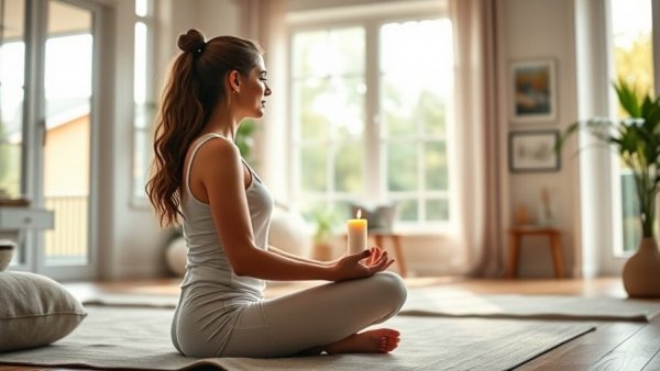 Serene woman practicing a spring wellness routine at home.