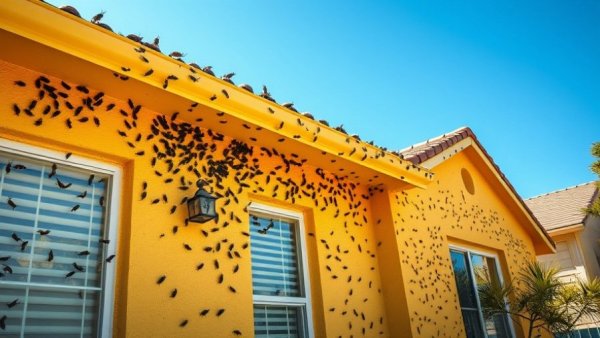 Invasive bugs on house exterior, pest treatment 2026, sunny suburban setting.