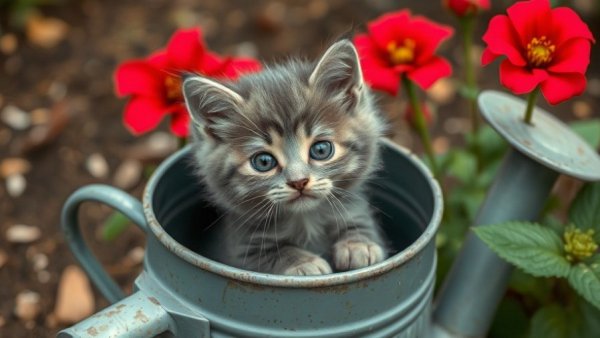 Protect your garden from animals with curious kitten inside watering can.