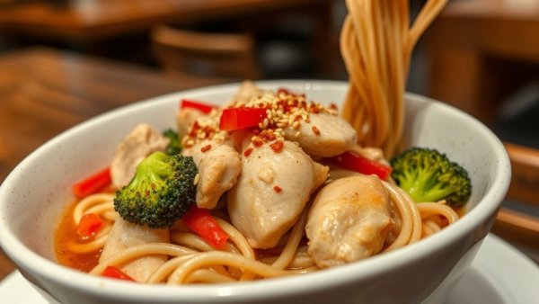 Baked ramen noodles with chicken, broccoli, and peppers in a bowl.