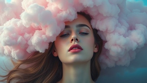 Surreal image depicting menopause brain fog with colorful clouds.