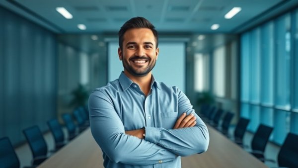 Confident businessman in a blue conference room with a modern table.