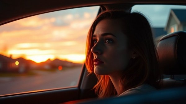 Pensive woman in a car at sunset, reflecting on life.