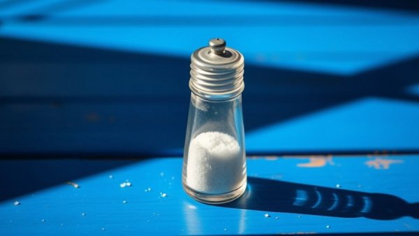 Glass salt shaker with grooves on blue table in sunlight