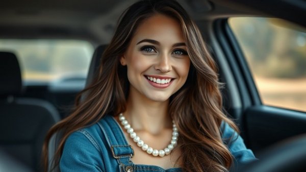 Woman in overalls and pearl necklace smiling in a car.