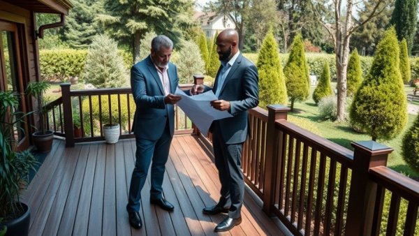 Decking business professionals reviewing plans on modern deck, lush garden.